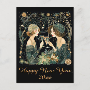 Carte Postale Joyeuse nouvelle année vintage Dames Art Déco