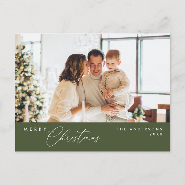 Carte Postale Joyeuse photo de famille de Noël, vert foncé (Devant)