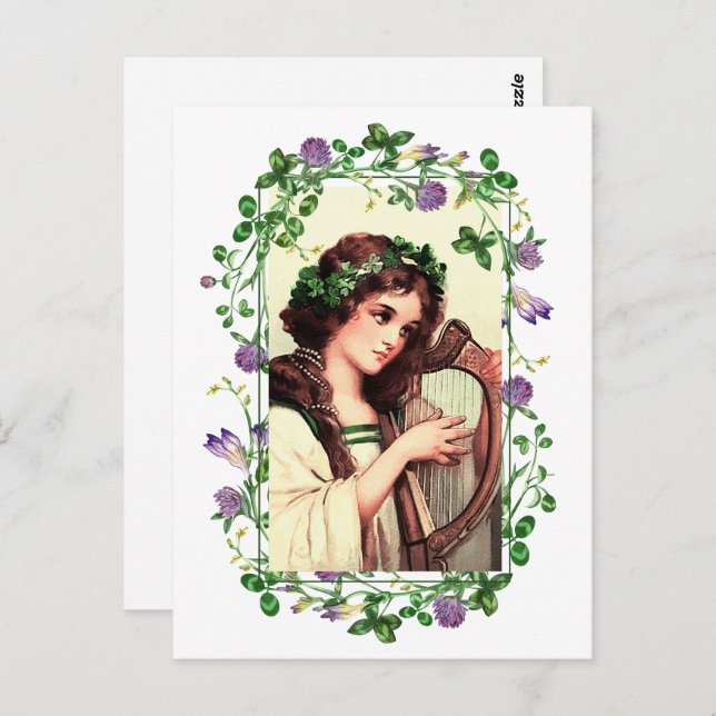 Carte Postale Joyeuse Saint-Patrick. Fille irlandaise avec harpe (Devant / Derrière)