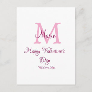 Carte Postale Joyeuse Saint-Valentin monogramme rose nom amour f