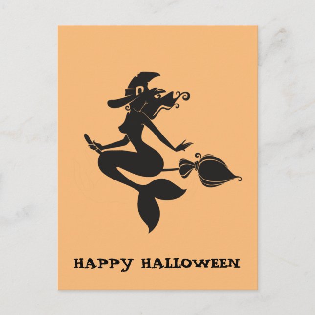 Carte Postale Joyeuse sirène de sorcière Halloween sur Broom Pos (Devant)