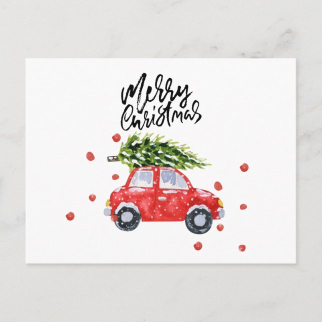 Carte Postale Joyeuse voiture rouge de Noël avec sapin de Noël V (Devant)