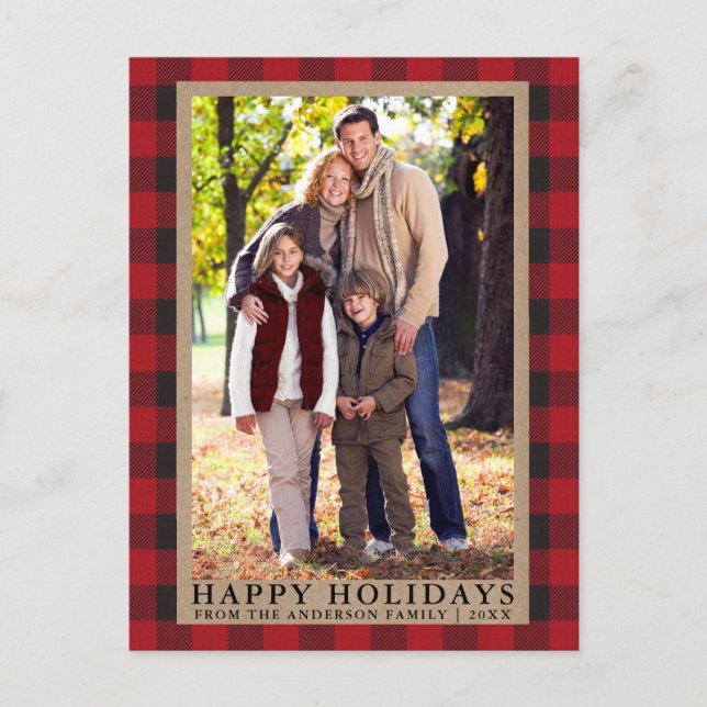 Carte Postale Joyeuses Fêtes carreaux rouges famille Kraft  (Devant)