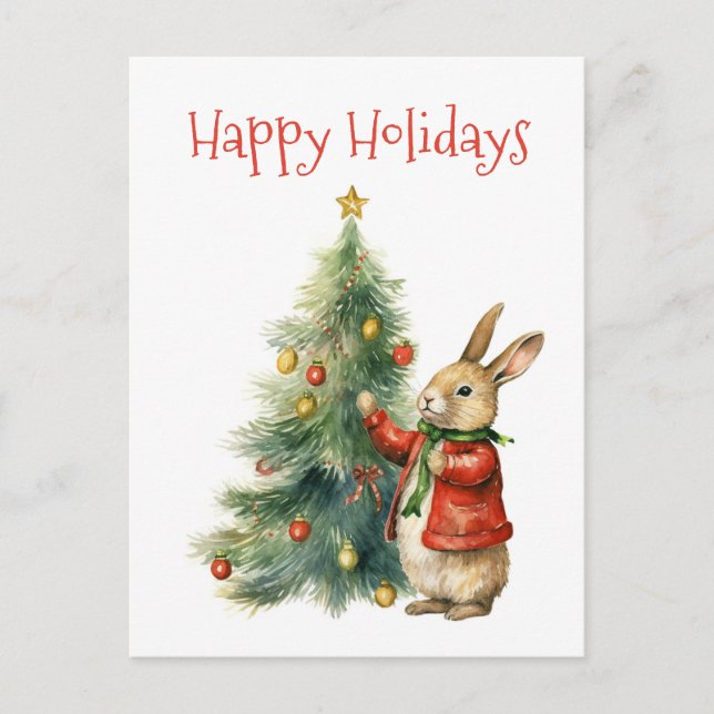 Carte Postale Joyeuses Fêtes - Lapin Mignon avec un Arbre de Noë (Devant)