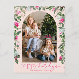 Carte Postale Joyeuses fêtes Pink Pright Greenery Arch Photo