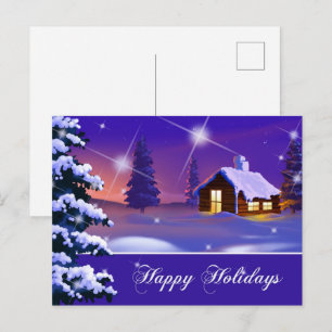 Carte Postale Joyeuses fêtes. Village de neige peinture Noël