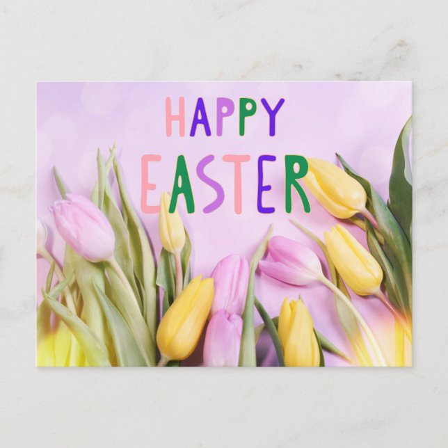 Carte Postale Joyeuses fleurs de tulipe rose et jaune de Pâques (Devant)