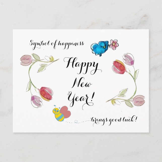 Carte Postale Joyeuses fleurs du Nouvel An et symbole du bonheur (Devant)