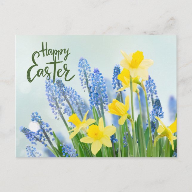 Carte Postale Joyeuses jonquilles de Pâques et fleurs bleues (Devant)