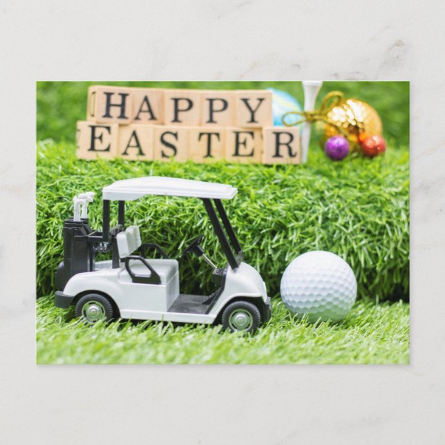 Carte Postale Joyeuses Pâques avec chariot de golf et balle sur  (Devant)