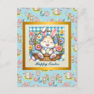 Carte Postale Joyeuses Pâques avec un lapin mignon, des œufs et