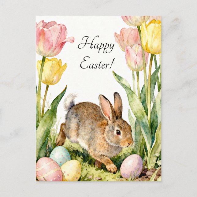 Carte Postale Joyeuses Pâques Lapin Vintage Œufs & Fleurs de Pri (Devant)