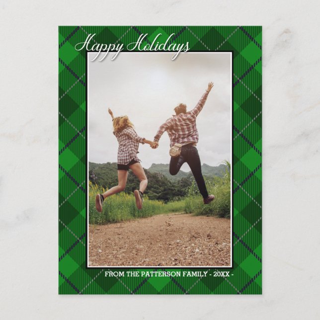 Carte Postale Joyeuses Vacances Famille Photo Vert Style Tartan (Devant)