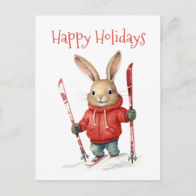 Carte Postale Joyeuses vacances - Joli lapin de Noël avec Skis (Devant)