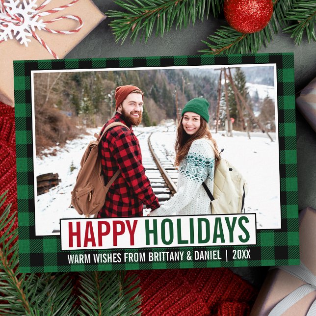 Carte Postale Joyeuses Vacances Modernes Photo Green Plaid (Customize to change your personalized text size or text style.)