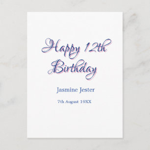 Carte Postale joyeux 12ème anniversaire bleu rose nom date simpl