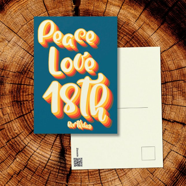 Carte Postale Joyeux 18e anniversaire Peace Love Blue Retro Groo (Front and Back)