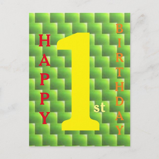 Carte Postale Joyeux 1er anniversaire rouge orange jaune vert os (Devant)
