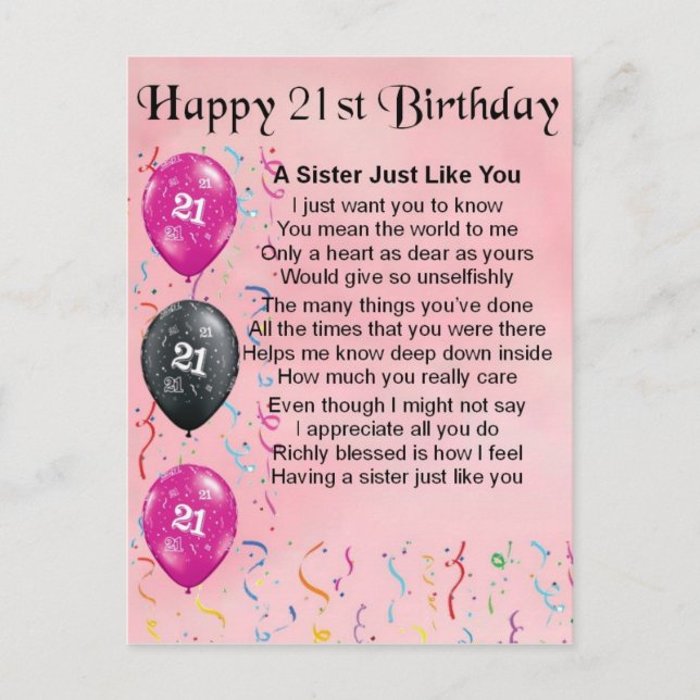 Carte Postale Joyeux 21e anniversaire - Poème soeur (Devant)