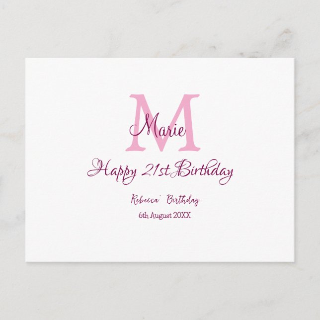 Carte Postale Joyeux 21e Anniversaire rose ajoutez nom monogramm (Devant)