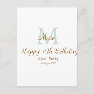 Carte Postale Joyeux 30e Anniversaire monogramme pastel vert dor