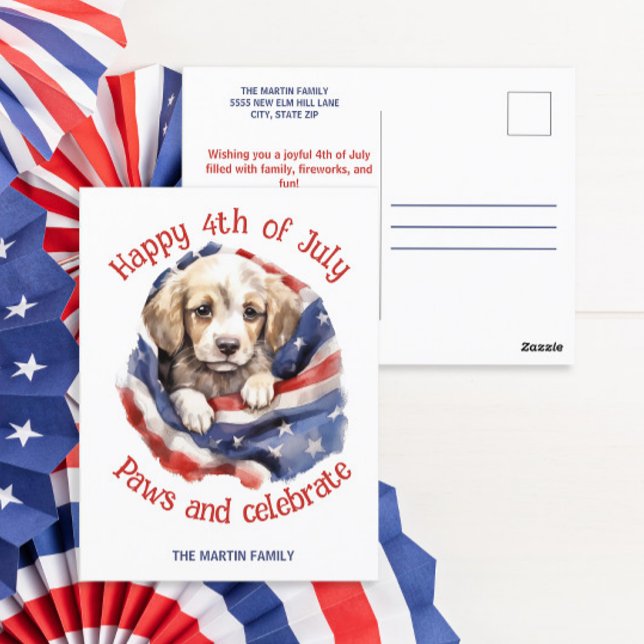 Carte Postale Joyeux 4 juillet mignon chiot drapeau américain (Happy 4th of July American flag and puppy greeting postcard )