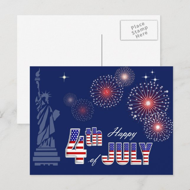 Carte Postale Joyeux 4 juillet. Statue de la Liberté et feux d'a (Devant / Derrière)