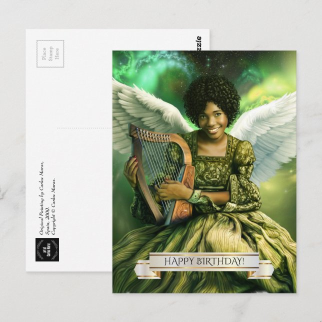 Carte Postale Joyeux anniversaire. Angel avec Harpe (Devant / Derrière)
