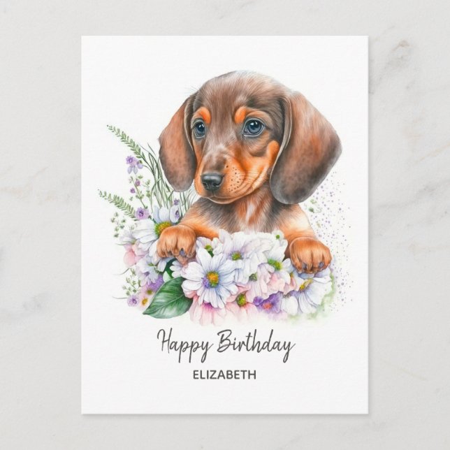 Carte Postale Joyeux anniversaire | Aquarelle Dachshund et Flora (Devant)