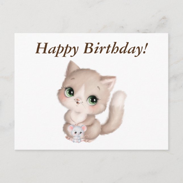 Carte Postale Joyeux anniversaire aquarelle Kitten et souris (Devant)