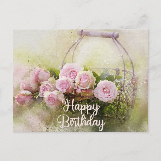 Carte Postale Joyeux Anniversaire Aquarelle Roses Roses dans un  (Devant)