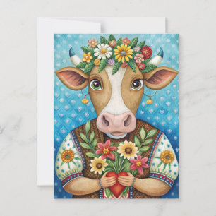Carte Postale Joyeux anniversaire art folklorique avec vache au 
