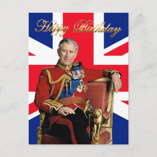 Carte Postale Joyeux anniversaire au roi Charles III avec drapea