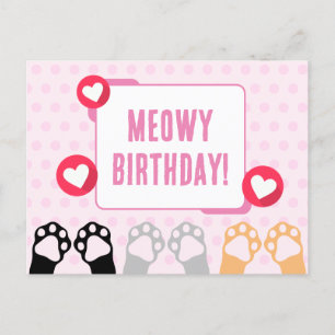 Carte Postale Joyeux Anniversaire aux Pattes de Chat Rose à Poin