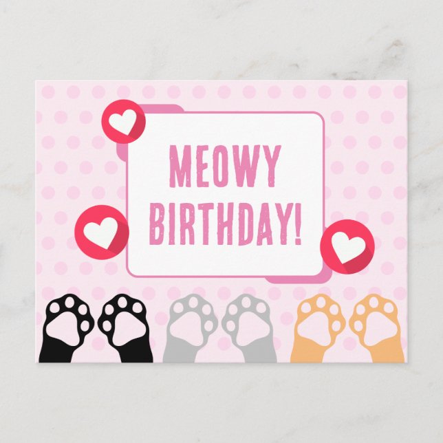 Carte Postale Joyeux Anniversaire avec des Pattes de Chat Rose M (Devant)