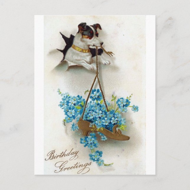 Carte Postale Joyeux anniversaire avec un chien mignon et une ch (Devant)