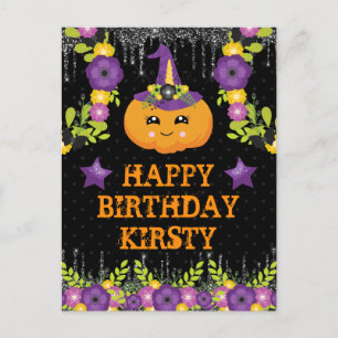 Carte Postale Joyeux anniversaire avec une citrouille florale Ha
