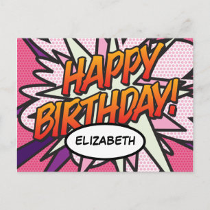 Carte Postale Joyeux Anniversaire Bande Dessinée Pop Art Rose