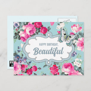 Carte Postale Joyeux Anniversaire, Beau. Fleurs et papillon