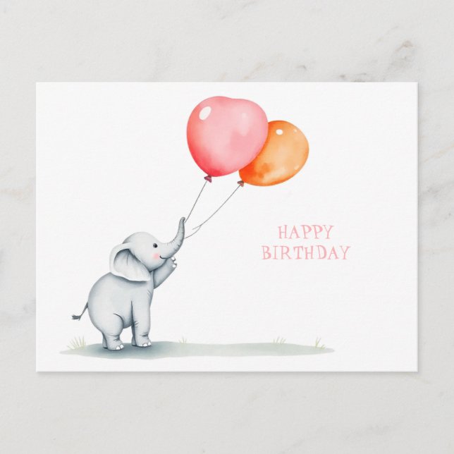 Carte Postale Joyeux Anniversaire. bébé éléphant avec des ballon (Devant)
