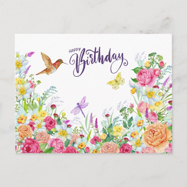 Carte Postale Joyeux anniversaire Belle aquarelle Jardin Fleurs (Devant)