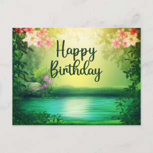 Carte Postale Joyeux Anniversaire Belle Nature Lac & Fleurs
