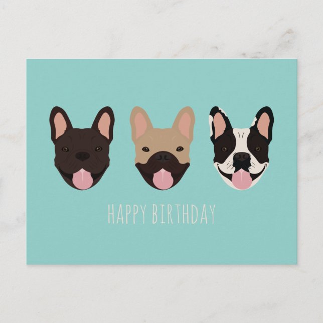 Carte Postale Joyeux Anniversaire Bouledogue Français sarcelle (Devant)
