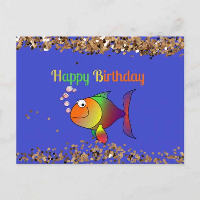 Carte Postale Joyeux Anniversaire, Bulles le Poisson avec Doré P (Devant)