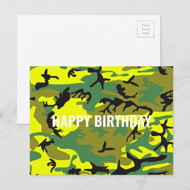 Carte Postale Joyeux Anniversaire Camouflage Vert Jaune Abstrait (Devant / Derrière)