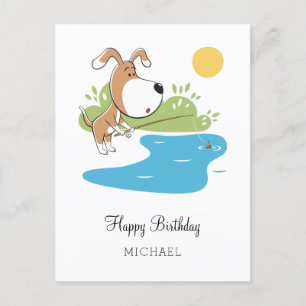 Carte Postale Joyeux Anniversaire Caricature Chien mignon Pêche 