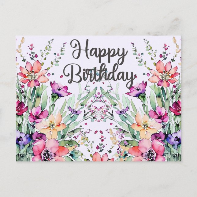 Carte Postale Joyeux Anniversaire Champ de Fleurs Aquarelle Sauv (Devant)