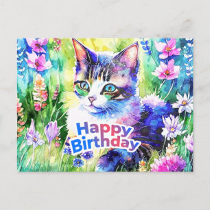 Carte Postale Joyeux Anniversaire Chat et Fleurs Aquarelle