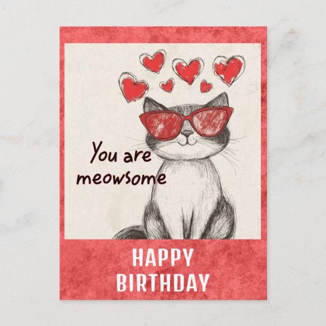 Carte Postale Joyeux Anniversaire Chat Mignon Drôle Coeurs (Devant)