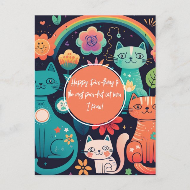 Carte Postale Joyeux Anniversaire Chat Style Boho Mignon (Devant)